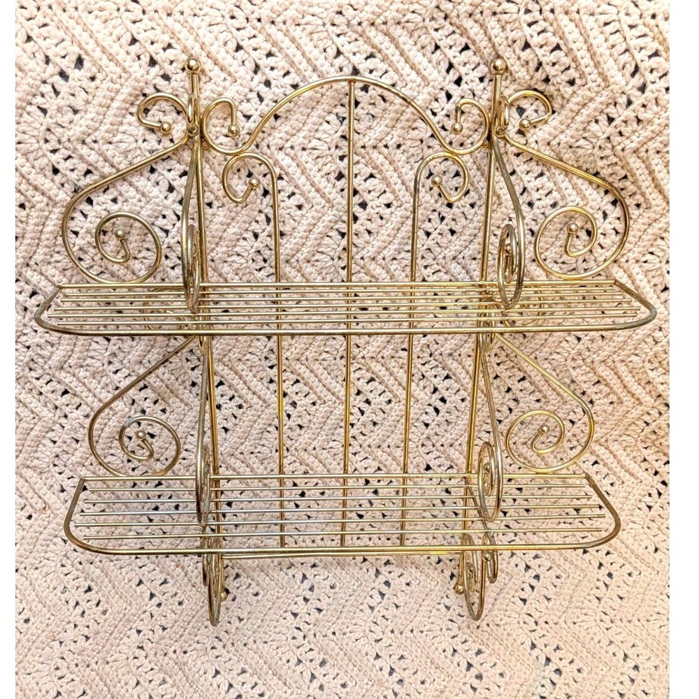 Vintage Hollywood Regency Gold Wire Wall Shelf Scroll Two Tier Display Rack